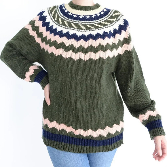 Vintage 100%  Pure Stuff Olive Green Knit Crewneck Sweater Size Large - Picture 1 of 13